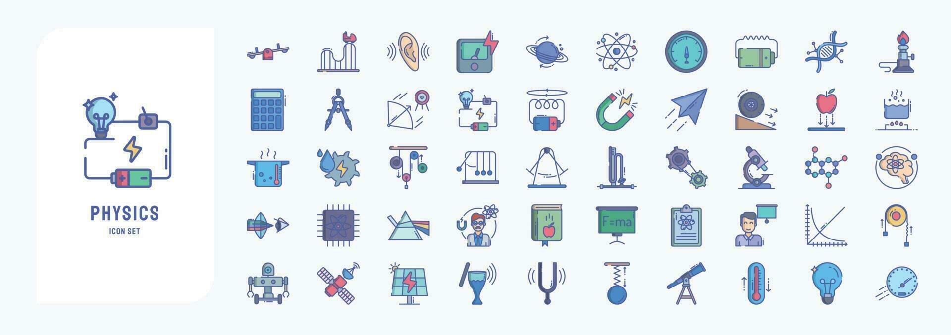 Collection of icons related to Physics and science, including icons like atom, Ammeter, Burner, Gravity and more vector