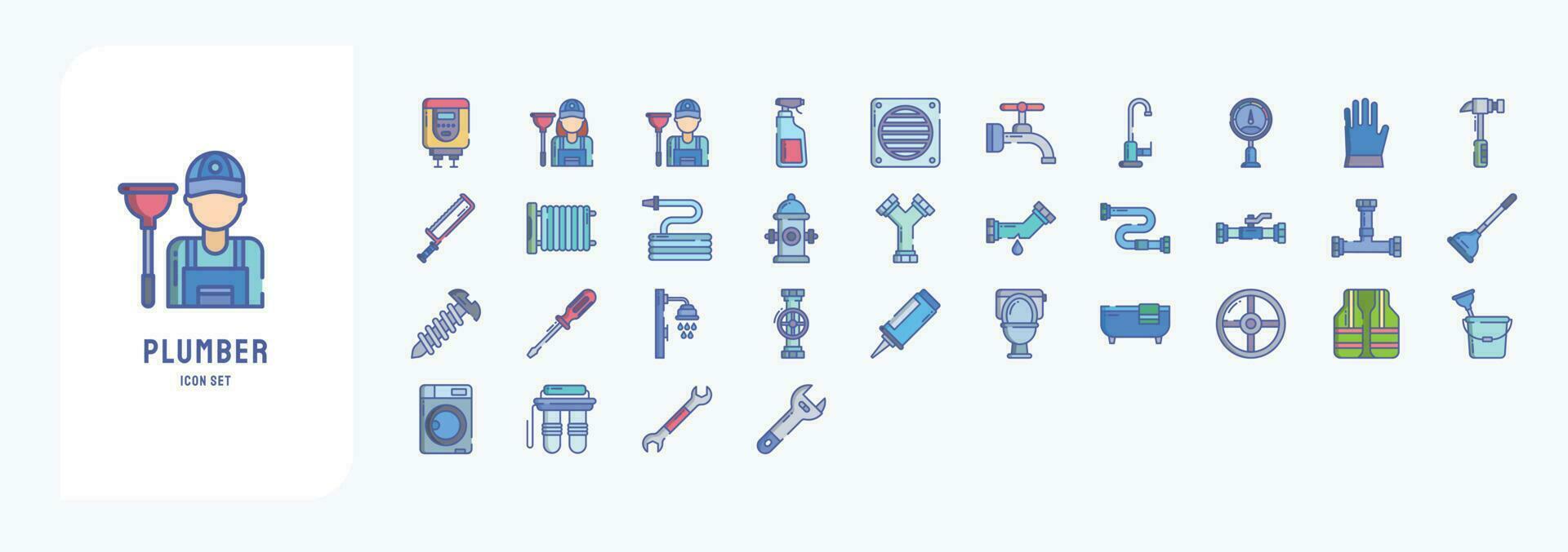 Collection of icons related to Plumber, including icons like Boiler, Cleaner, Faucet, Drainage and more vector