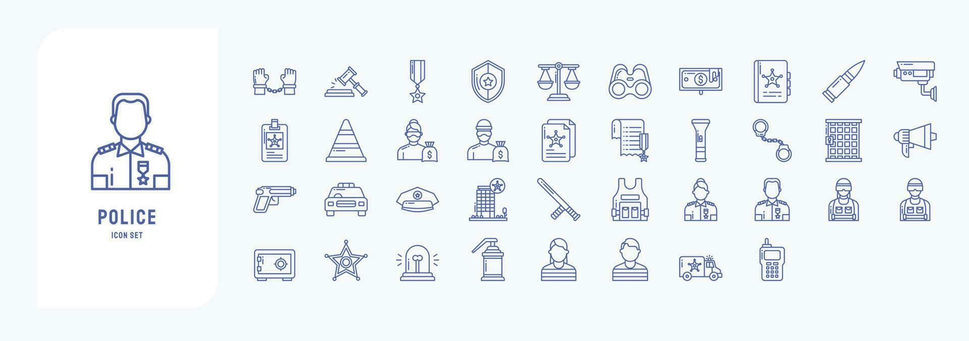 Collection of icons related to Police and Law, including icons like Arrest, Auction, Bullet, Binoculars and more vector