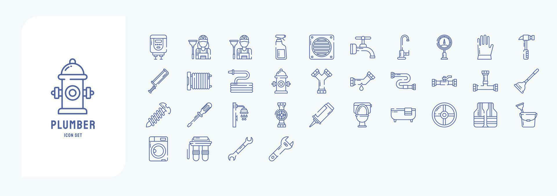 Collection of icons related to Plumber, including icons like Boiler, Cleaner, Faucet, Drainage and more vector