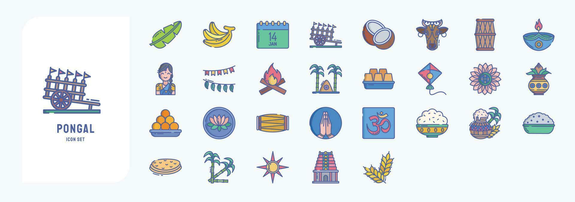 Collection of icons related to Pongal, including icons like Cow, Diya, Kite and more vector