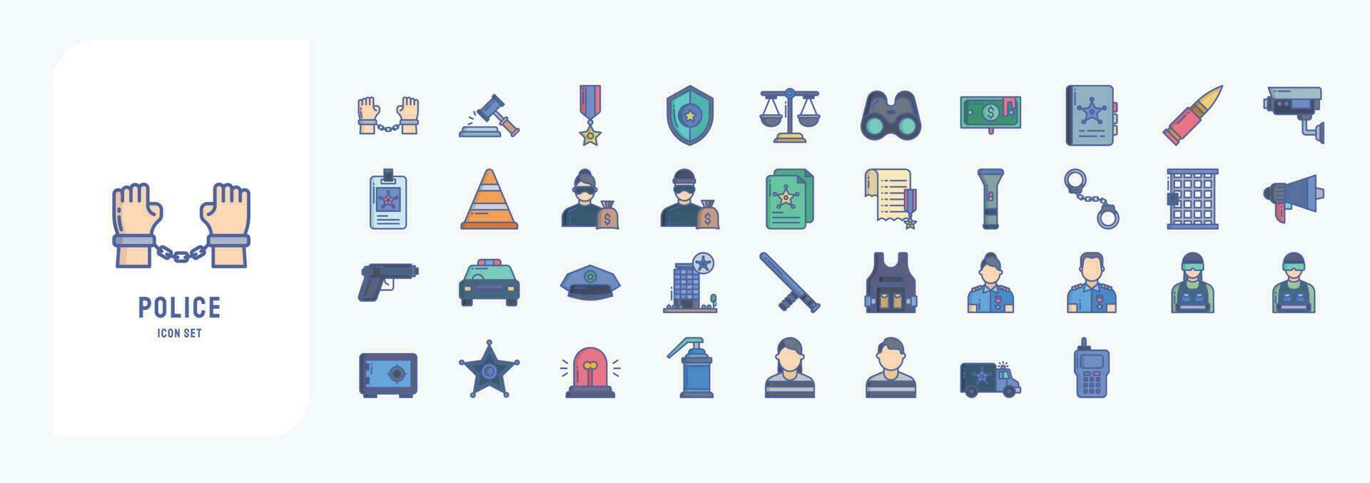 colección de íconos relacionado a policía y ley, incluso íconos me gusta arrestar, subasta, bala, prismáticos y más vector