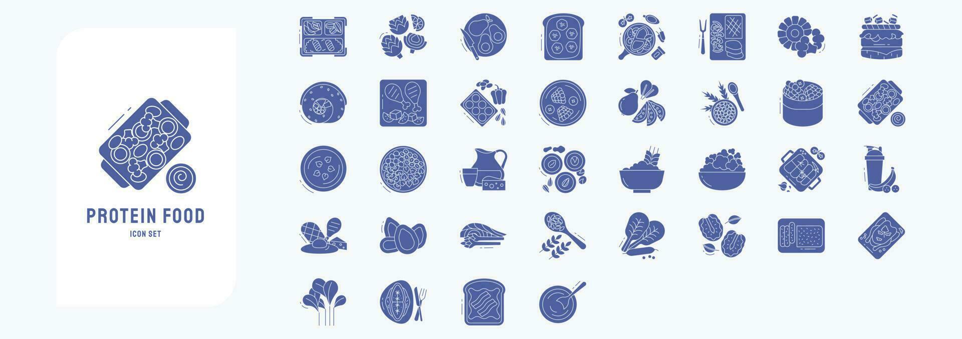 Collection of icons related to Protein Food , including icons like Avocado, toast, fruits and more vector