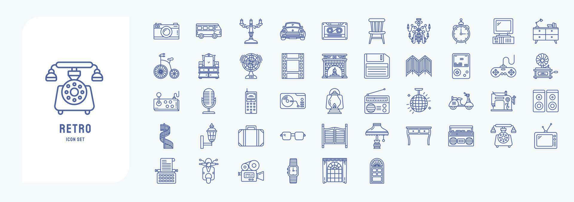 Collection of icons related to Retro style 80c objects, including icons like Camara, Camper van, Car, Clock and more vector