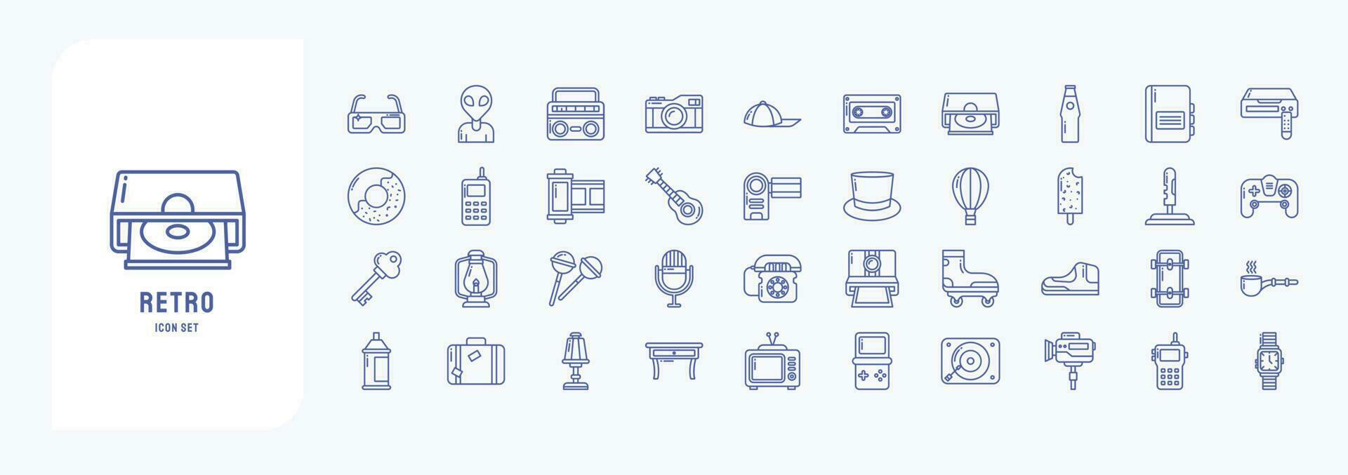 Collection of icons related to Retro objects, including icons like Alien, boombox, camera, Cassette, Donut and more vector