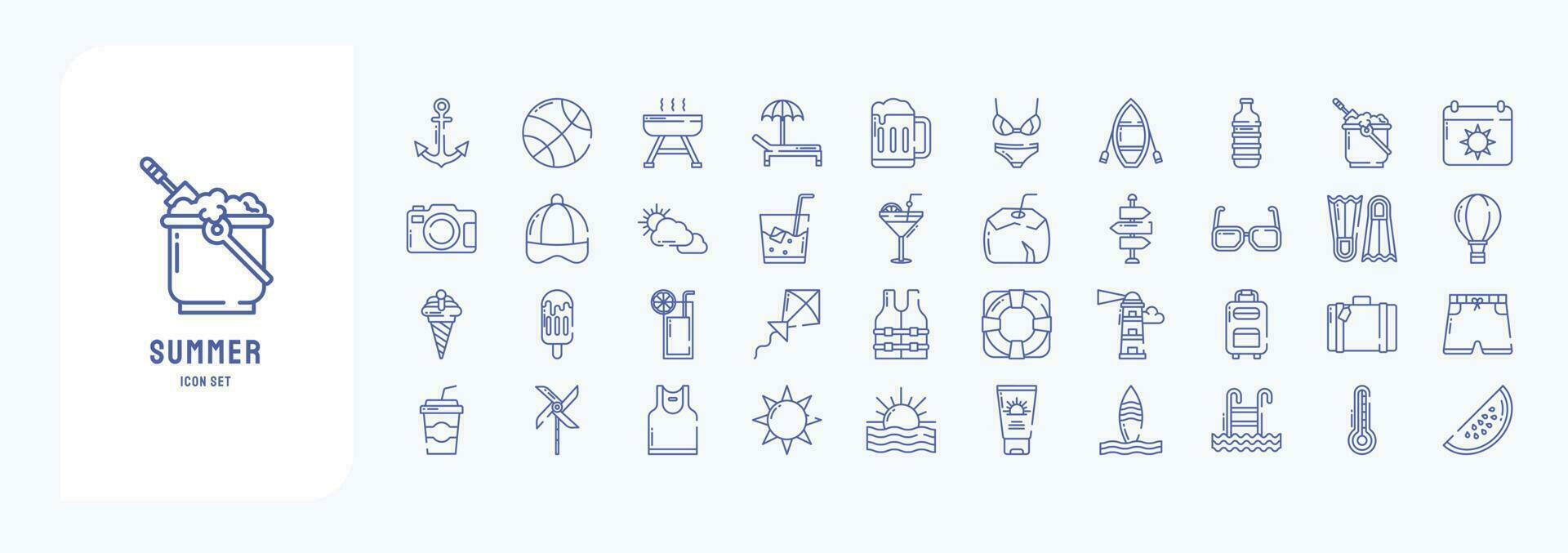 colección de íconos relacionado a verano y día festivo, incluso íconos me gusta ancla, pelota, barbacoa, playa silla y más vector