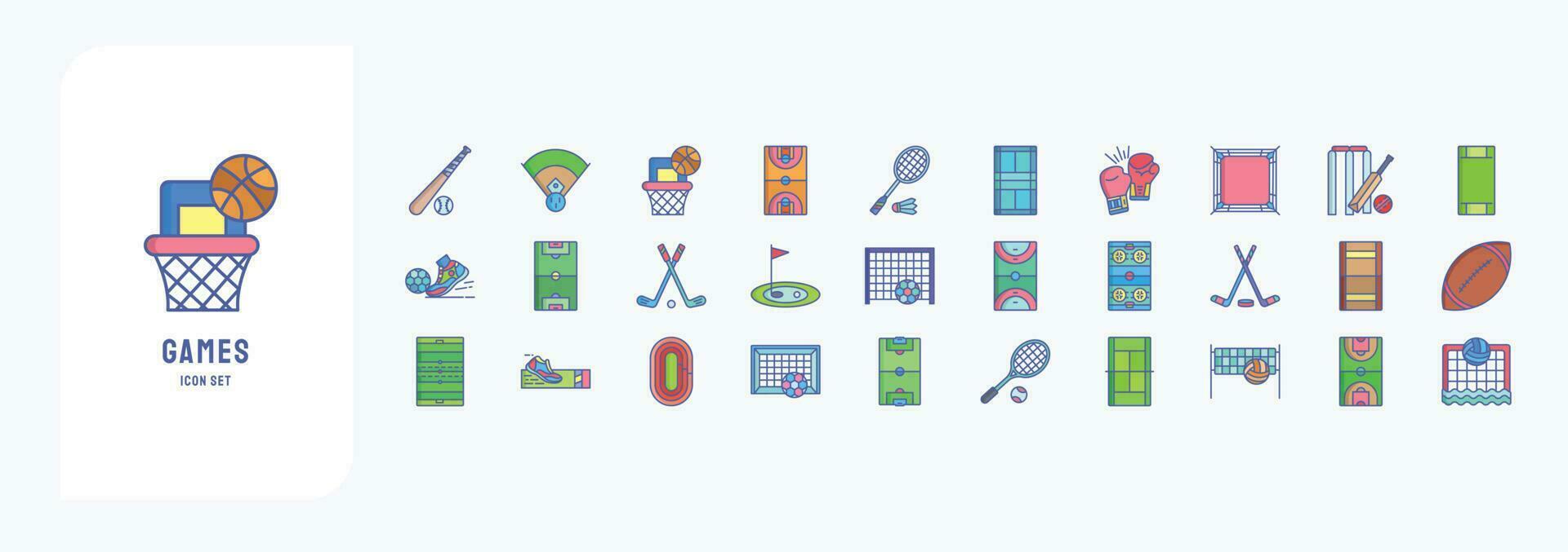 colección de íconos relacionado a estadios y juegos, incluso íconos me gusta béisbol juego, baloncesto, boxeo, Grillo y más vector