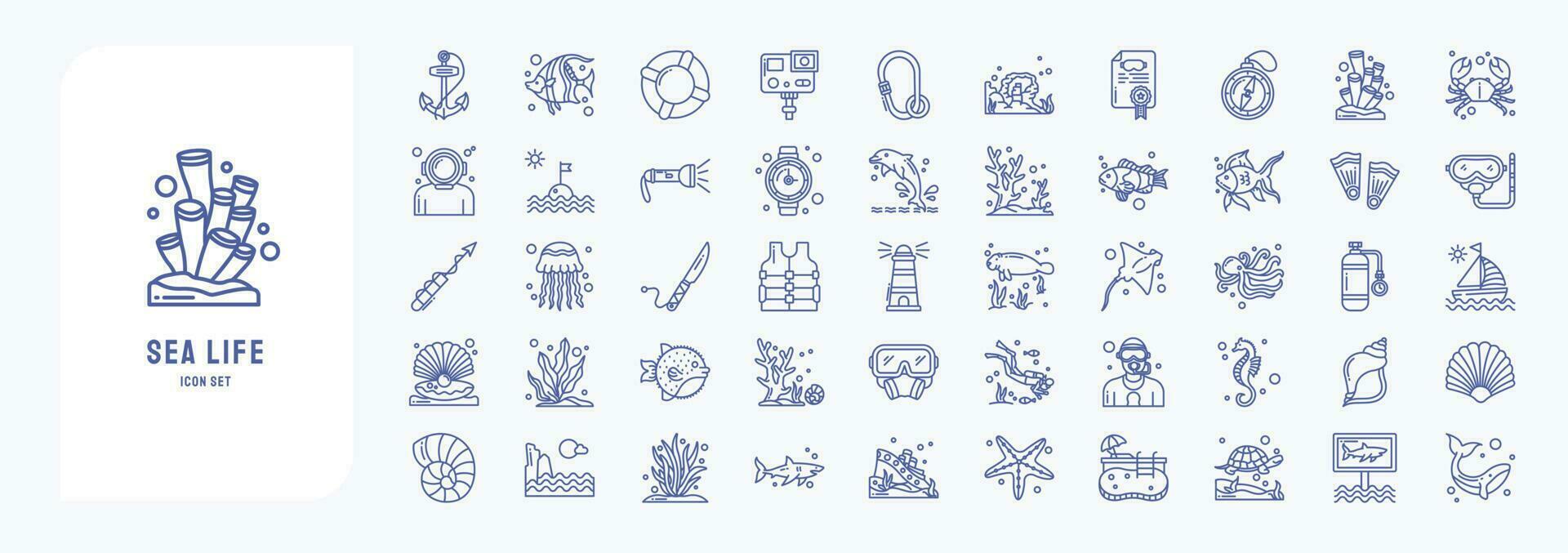 Collection of icons related to Sea Life, including icons like Anchor, fish, Coral, Diving Helmet, Dolphin and more vector