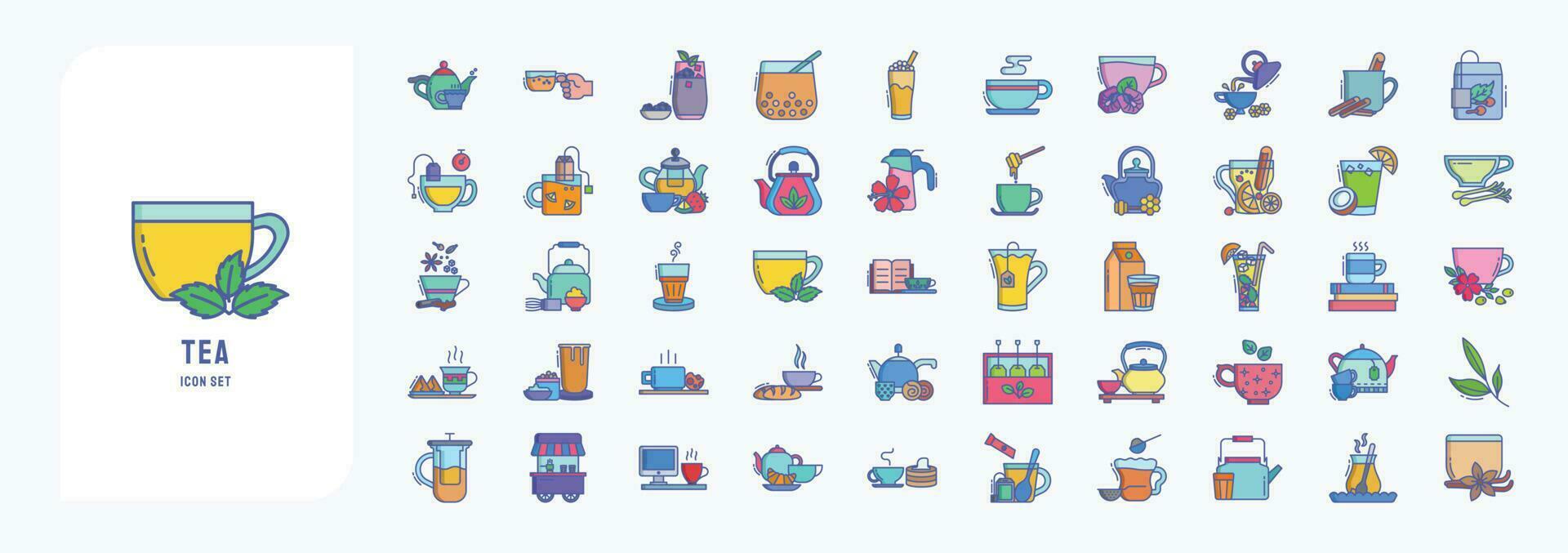 colección de íconos relacionado a té, incluso íconos me gusta negro té, leche, burbuja té, verde té y más vector