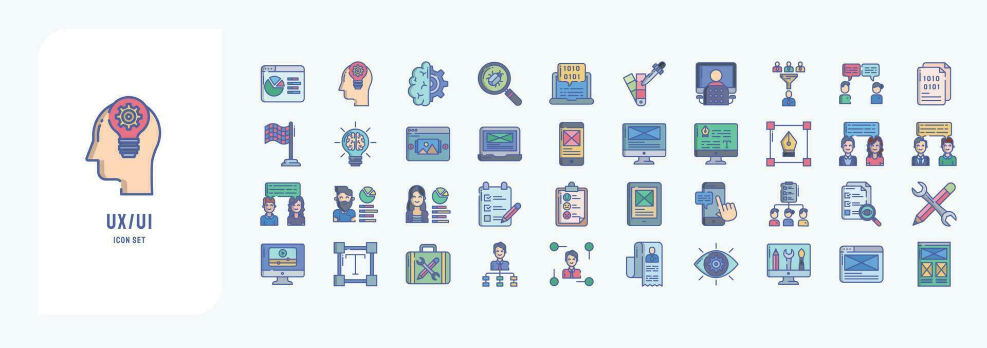 Collection of icons related to UX UI, including icons like Analytics, brainstorming, Coding, Feedback, Innovation and more vector