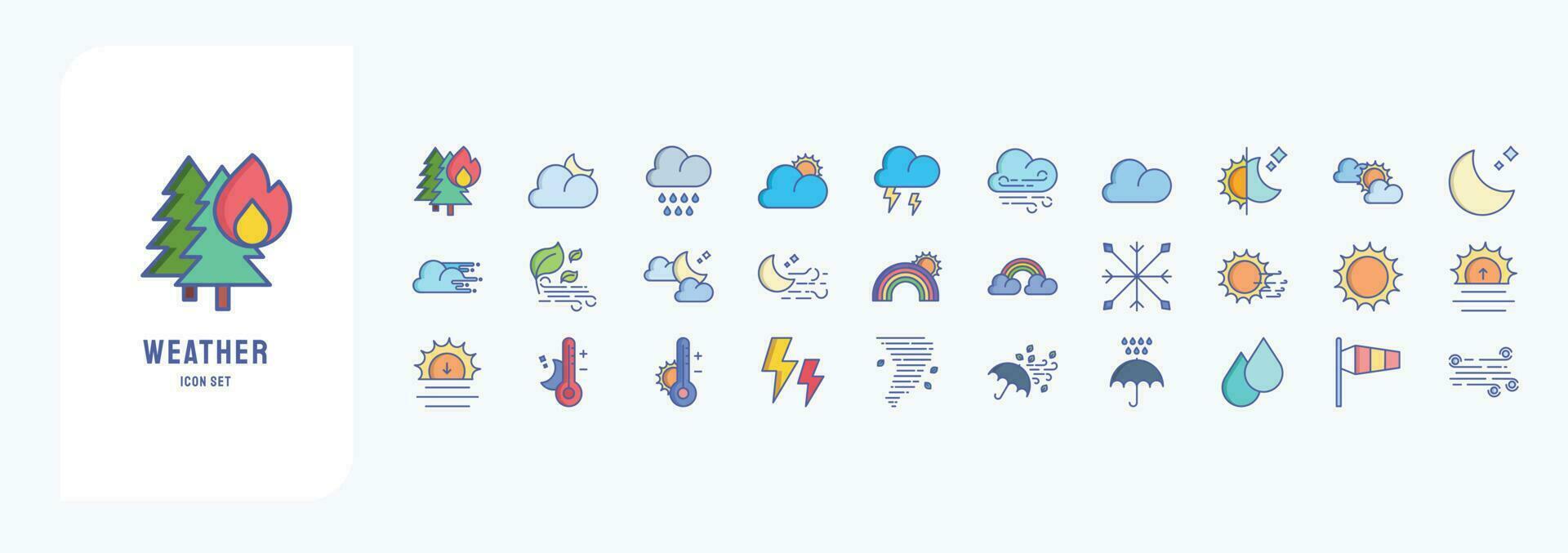 Collection of icons related to weather forecast, including icons like Thunder, Rain, Wind, Temperature and more vector