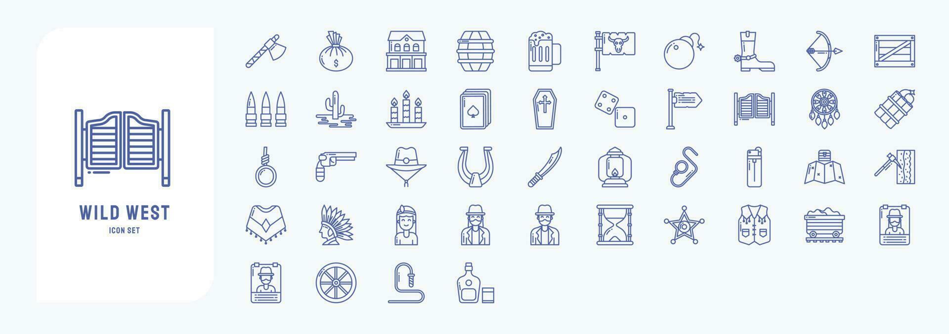 Collection of icons related to Wild west and cowboy, including icons like Gun, gallows, Horseshoe, Knife and more vector