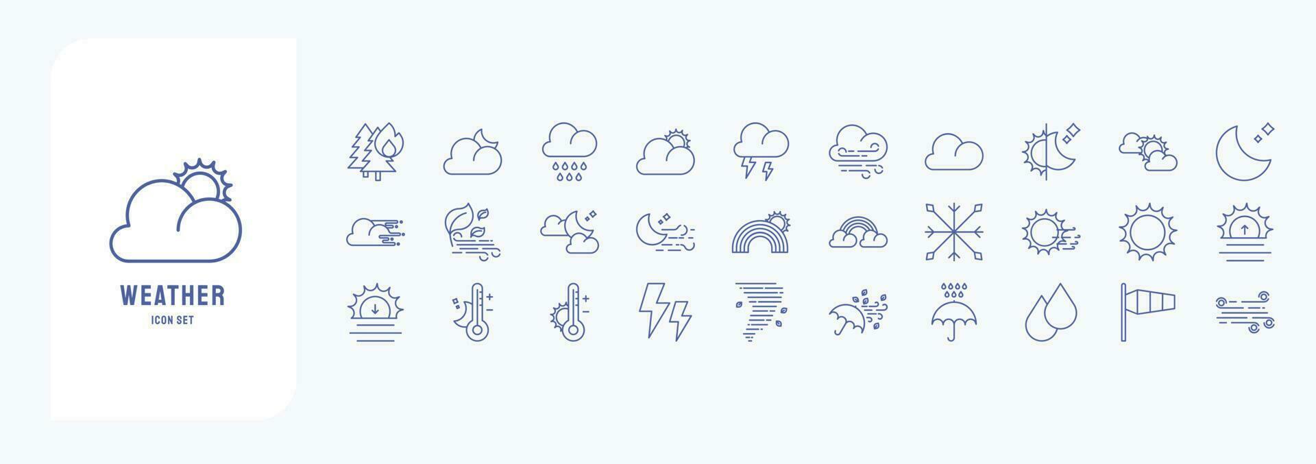 Collection of icons related to weather forecast, including icons like Thunder, Rain, Wind, Temperature and more vector