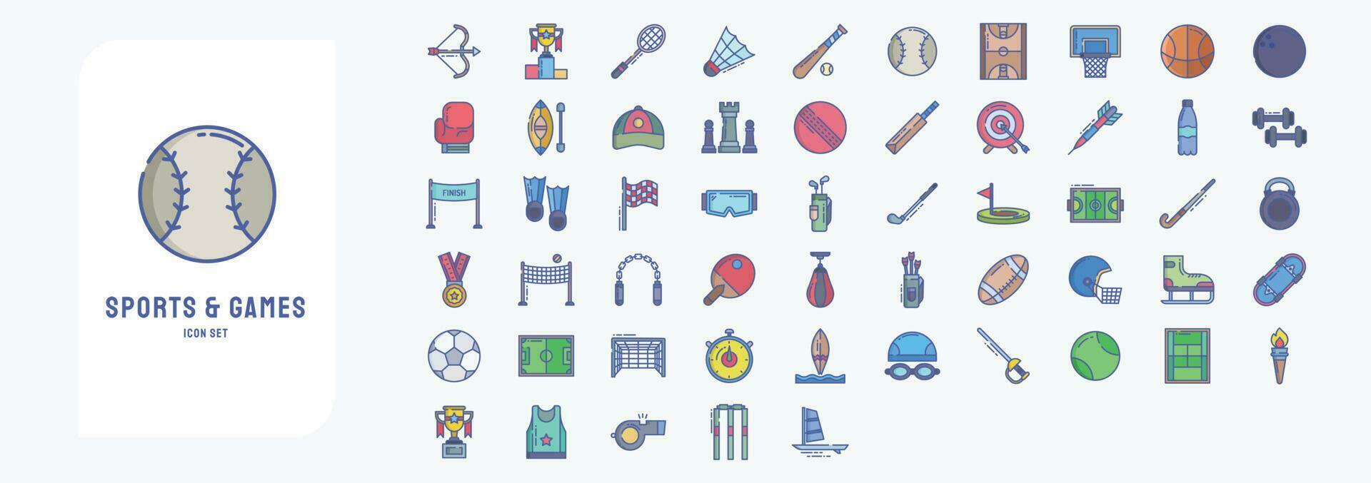 Collection of icons related to Sports and Games, including icons like Archery, Award, Badminton, Baseball and more vector