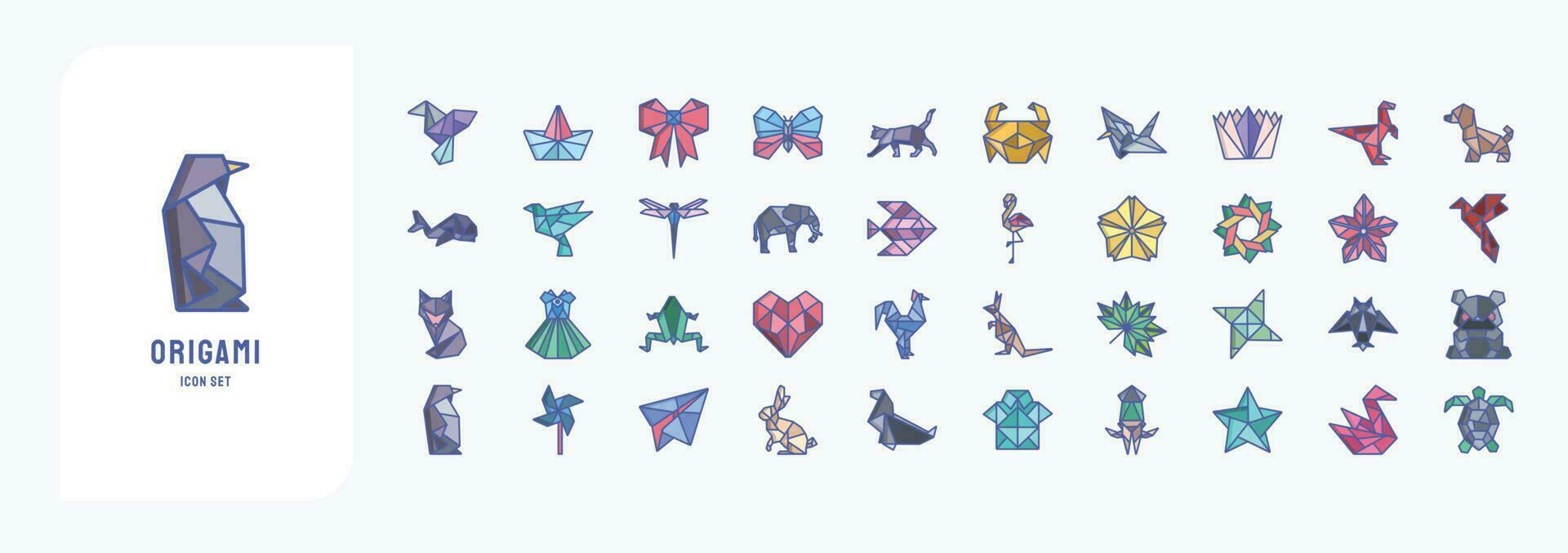 Collection of icons related to Origami, including icons like Bird, Boat, Butterfly, Cat and more vector
