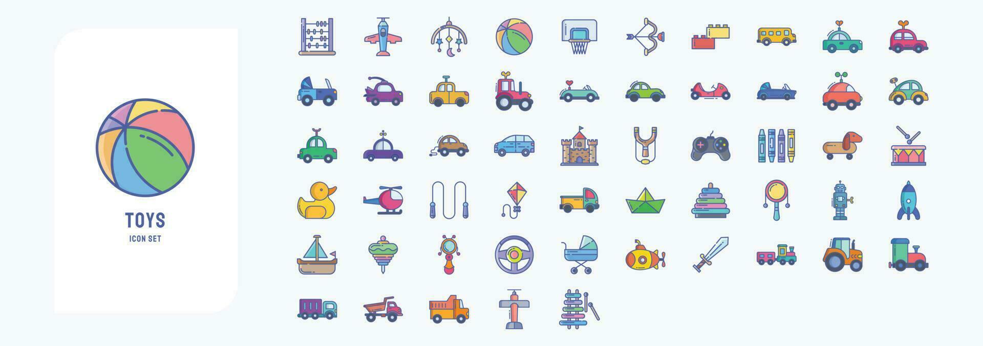 colección de íconos relacionado a juguetes, incluso íconos me gusta ábaco, avión, pelota, baloncesto y más vector