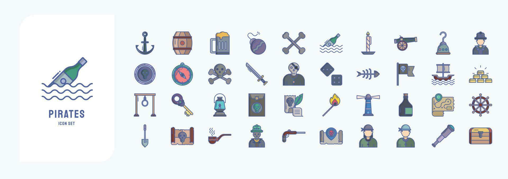 Collection of icons related to Pirates, including icons like Anchor, Barrel, Beer, Bomb and more vector