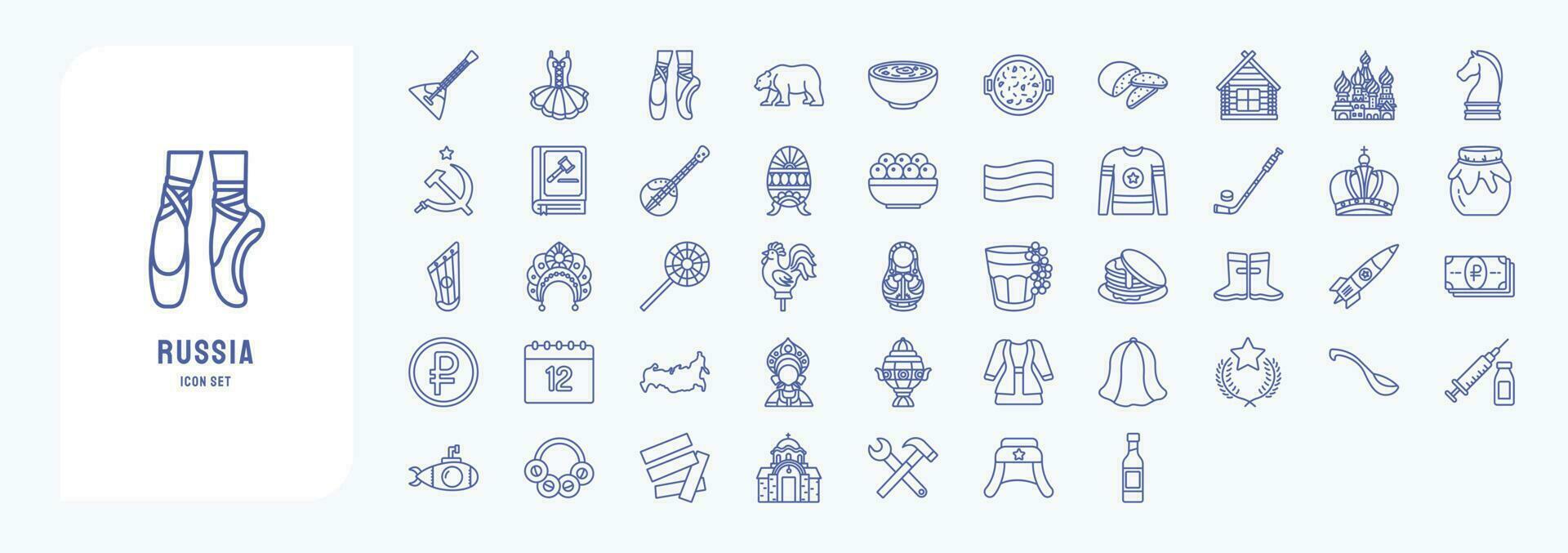 Collection of icons related to Russia, including icons like Pancakes, Hokey and more vector