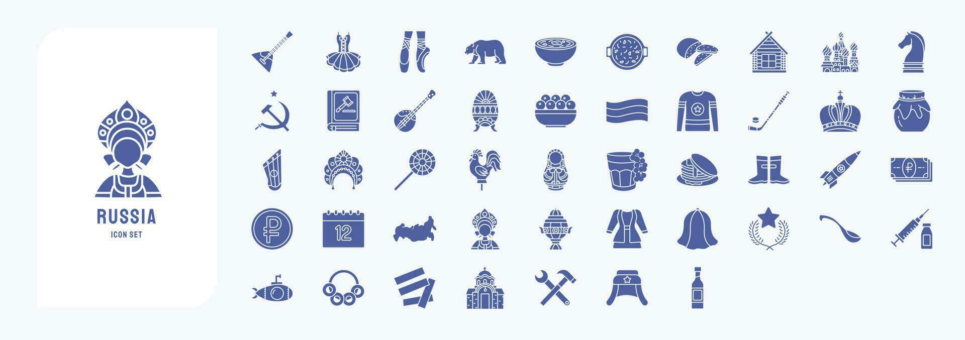 Collection of icons related to Russia, including icons like Pancakes, Hokey and more vector