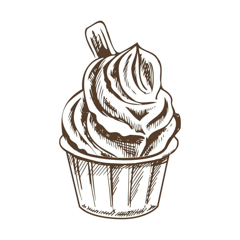 A hand-drawn sketch of frozen yogurt or soft ice cream in a cup. Vintage illustration. Element for the design of labels, packaging and postcards. vector