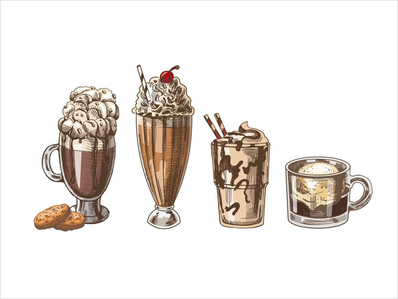 un dibujado a mano de colores bosquejo conjunto de bebidas café con azotado crema y galletas, malteada con crema, hielo crema, affogato café con hielo crema en un vaso taza. vector