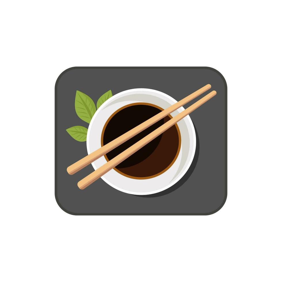 Cup of sauce and chopsticks, top view. Cartoon vector illustration isolated on white background.