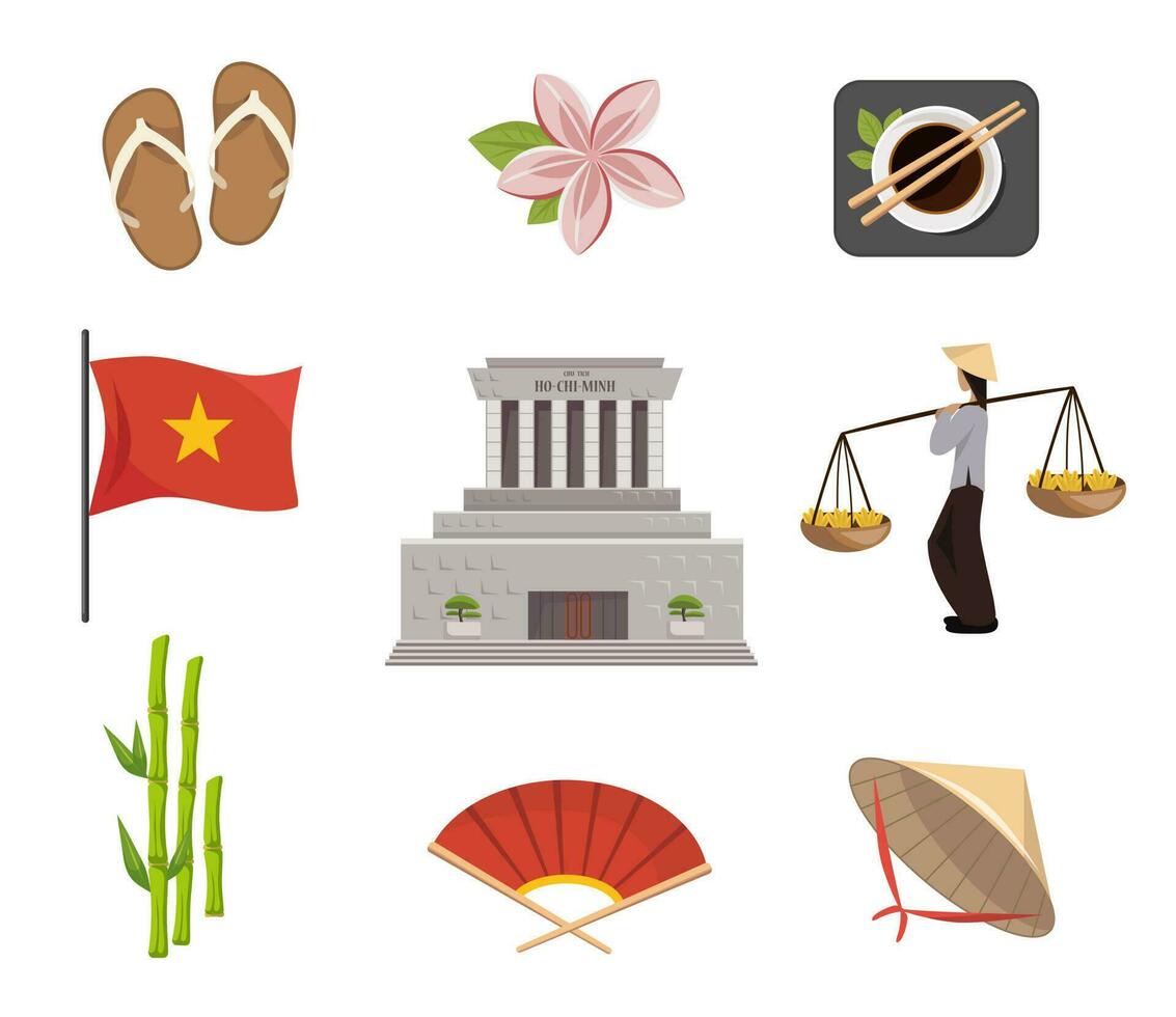 People and symbols of Vietnam vector illustrations set. Asian country, cup of sauce and chopsticks, fan, bamboo, conical straw hat, Ho Chi Minh Mausoleum,  vietnamese flip flops, flag of Vietnam