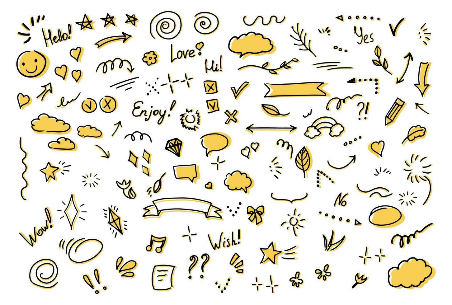 Simple sketch line style  elements. Doodle cute ink  pen line elements isolated on white background. Doodle  arrow,  heart, star, sparkle decoration  symbol  icon set.  Vector illustration.