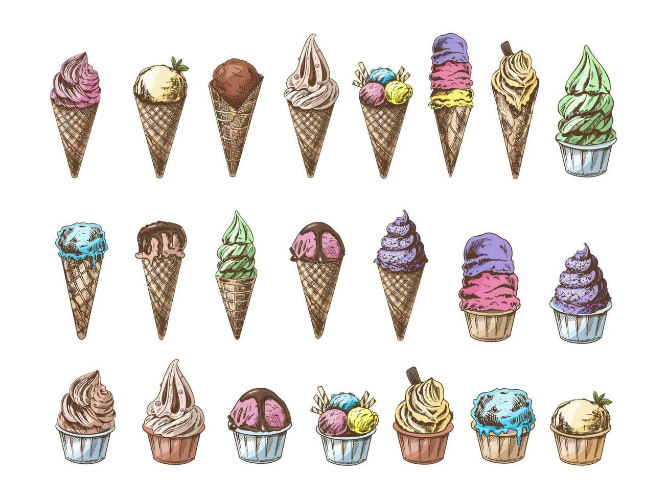 Big hand-drawn colored sketch of ice cream or frozen yoghurt in cups and cones, cupcakes. Vintage illustration. Set. Element for the design of labels, packaging and postcards. vector