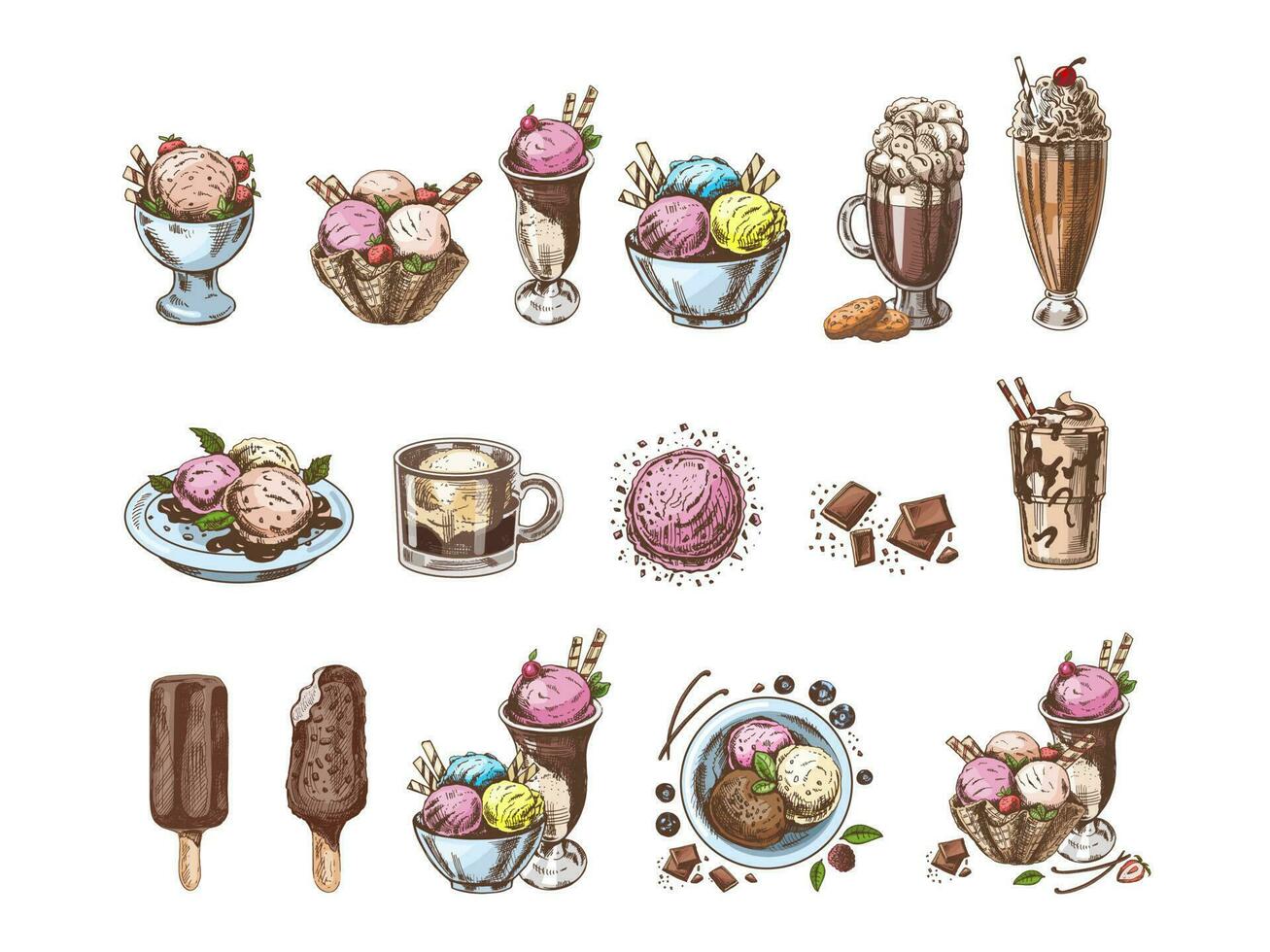 Big hand-drawn colored sketch of ice cream or frozen yoghurt, milkshakes, ice cream on a stick, cupcakes, cookies. Vintage illustration. Set. Element for the design of labels, packaging and postcards. vector