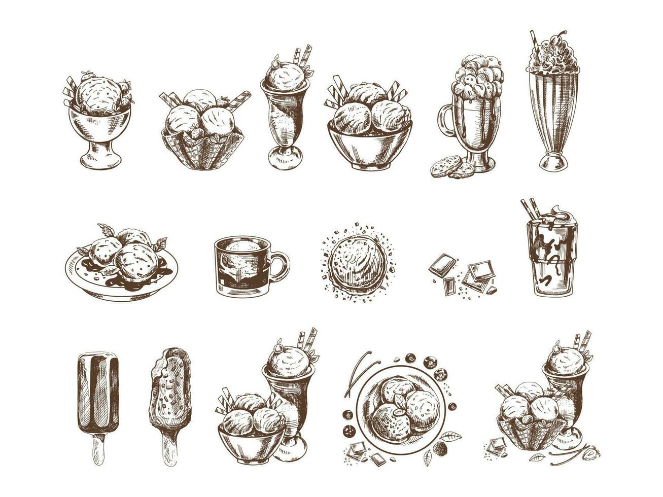Big hand-drawn sketch of ice cream or frozen yoghurt, milkshakes, ice cream on a stick, cupcakes, cookies. Vintage illustration. Set. Element for the design of labels, packaging and postcards. vector