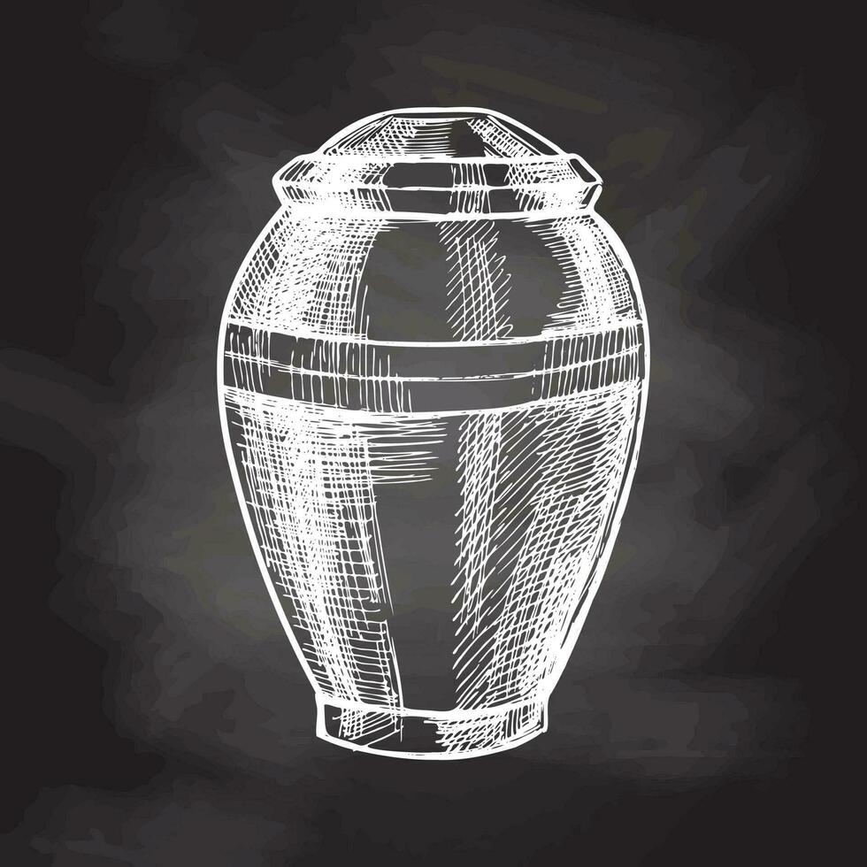 Hand drawn sketch of burial urn with ashes. Funeral service vector hand drawn design. Sketch illustration for condolence card isolated on chalkboard background. Last farewell for dead person.