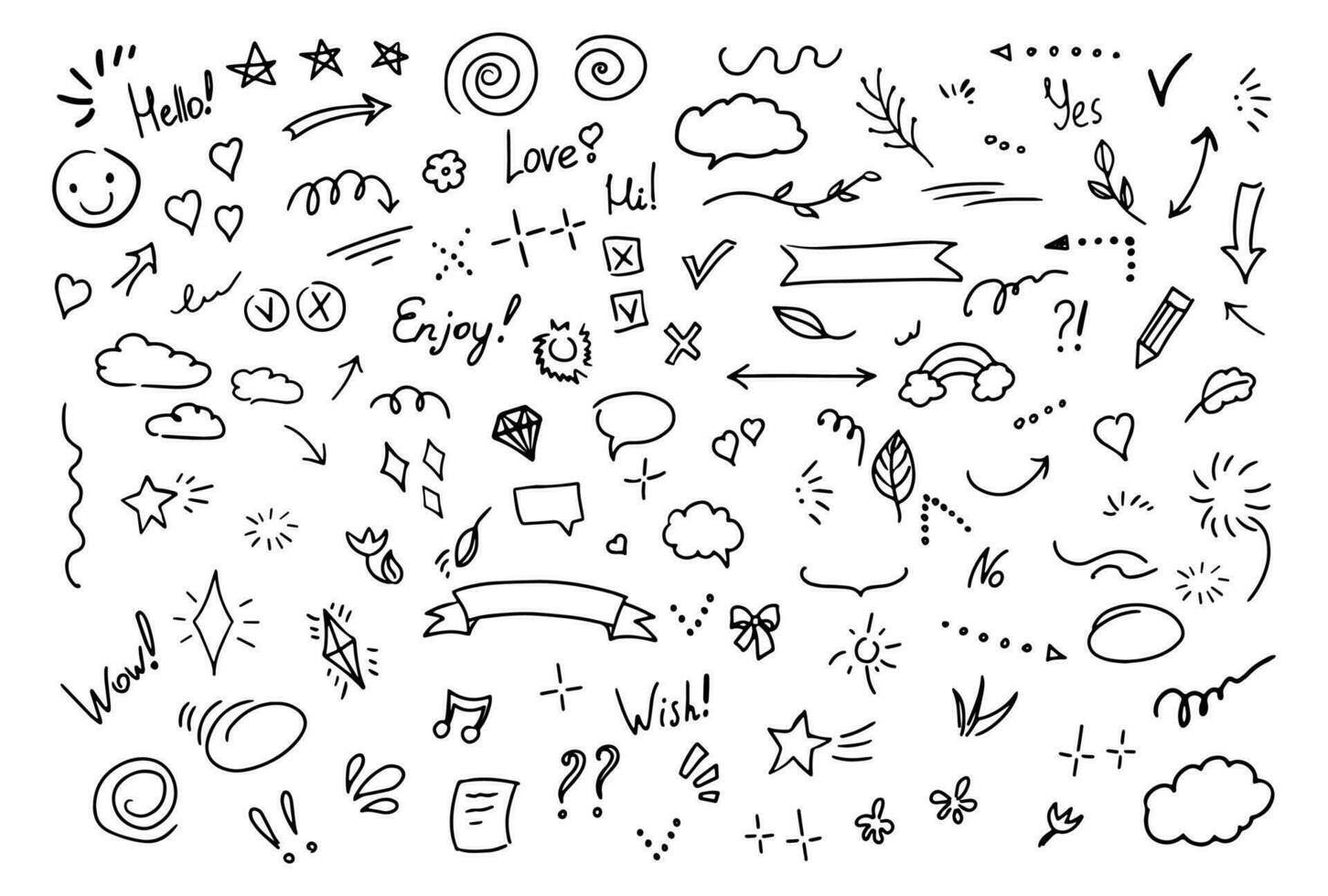 Simple sketch line style elements. Doodle cute ink pen line 