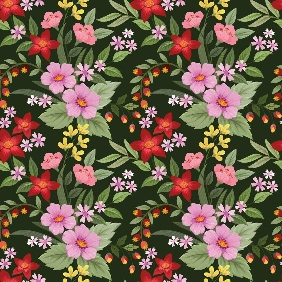 Blooming red pink and yellow flower on dark green color background vector