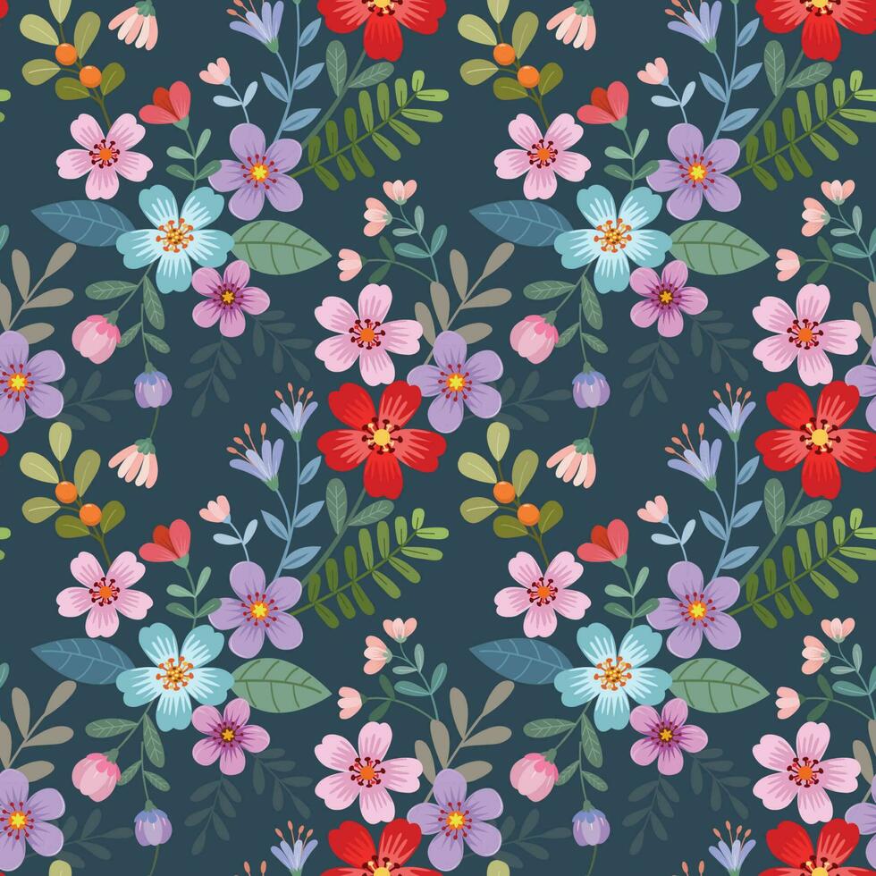 Colorful blooming flowers on blue color background seamless pattern vector