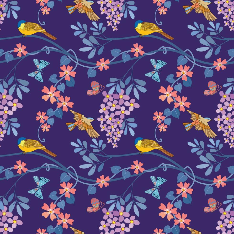 flowers and bird on branch on purple background vector