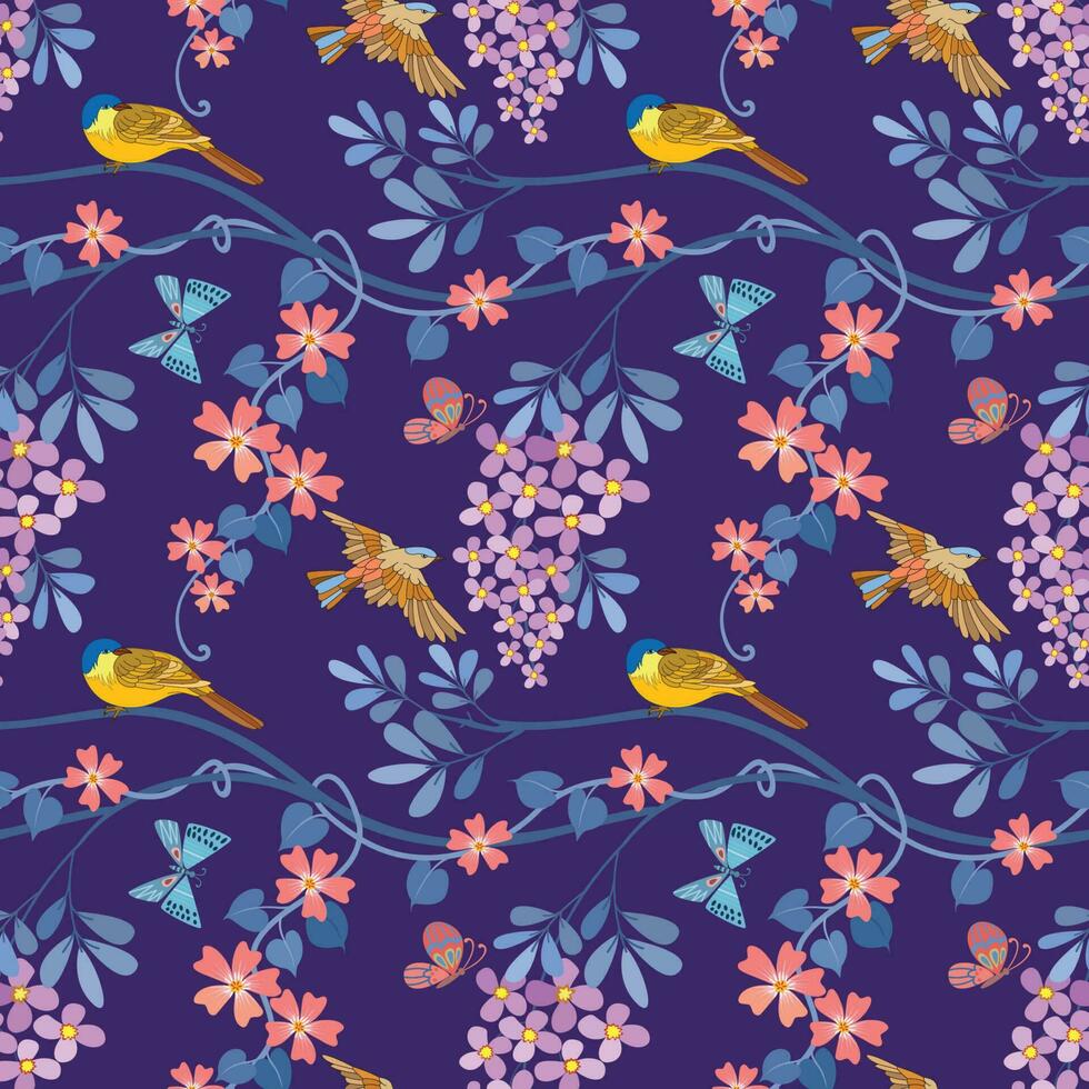 flowers and bird on branch on purple background vector