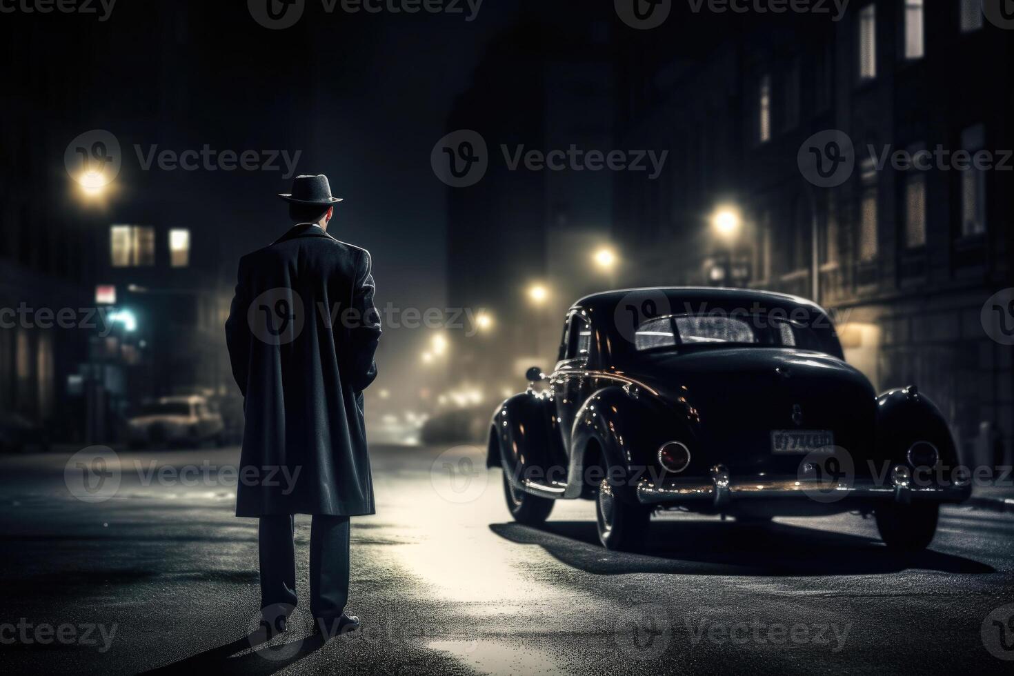 Silhouette of man in old fashioned hat and coat at night street. photo
