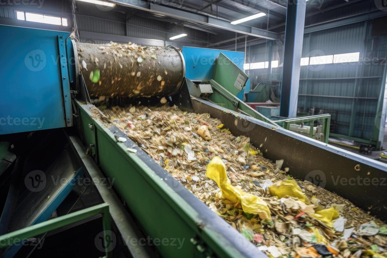 Conveyor belt with pile of waste at recycling plant. photo