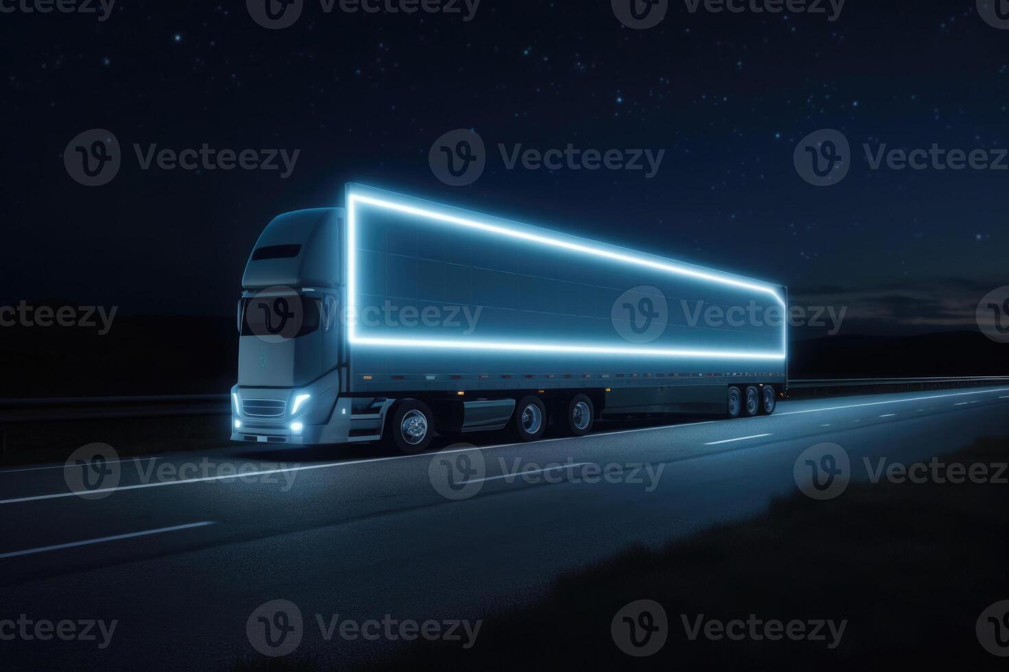 Glowing cargo truck. Futuristic delivery and logistic concept. photo