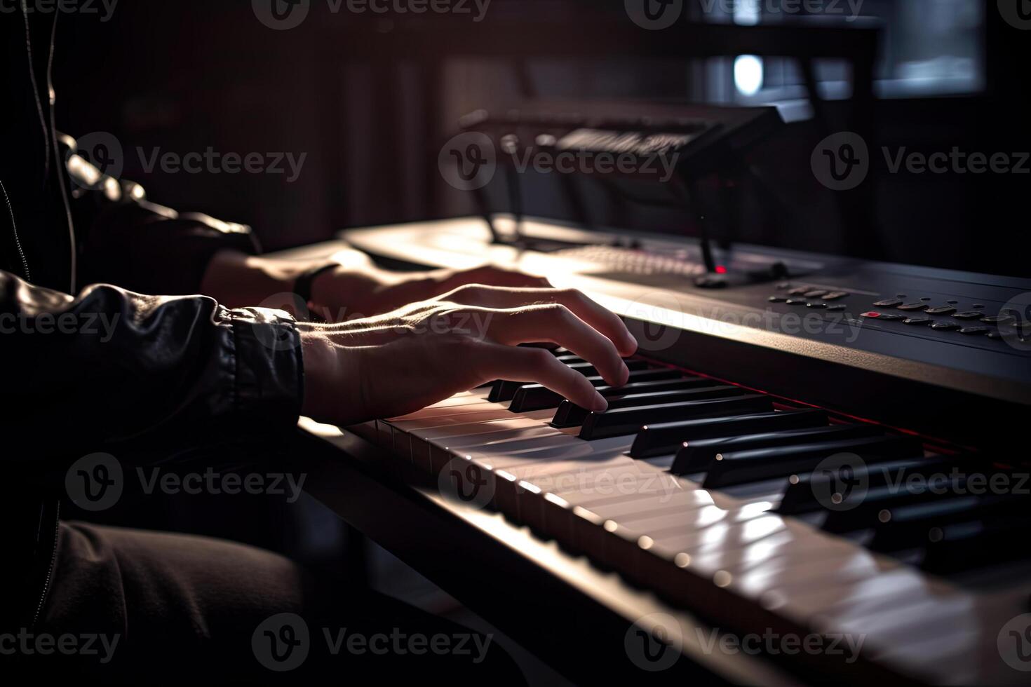 Musician hands on piano keyboard. Classical music instrument. photo