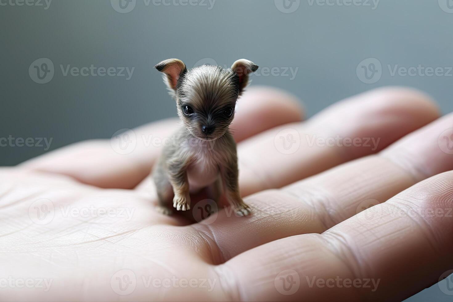 Small dog sitting on owner palm. photo