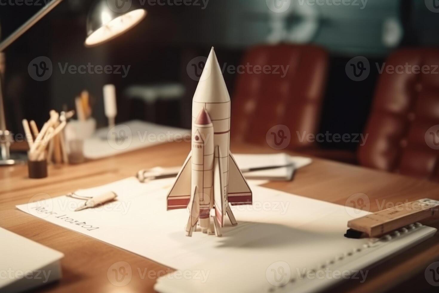 Successful startup concept. Launching rocket on office table. photo