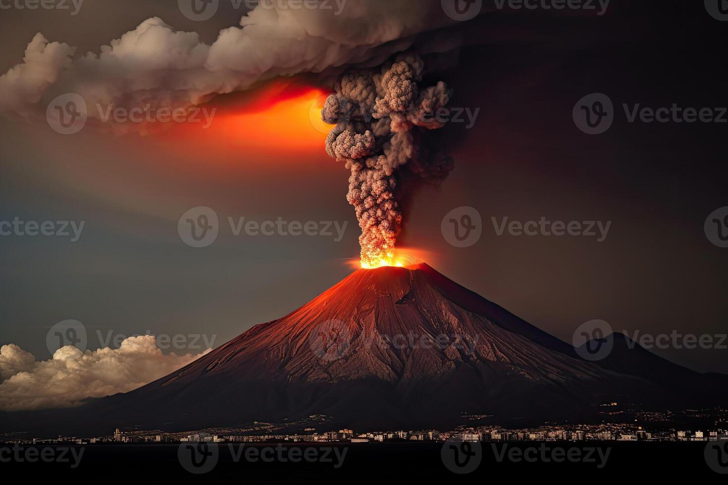 Volcano eruption. Lava flows out of the volcano crater. photo