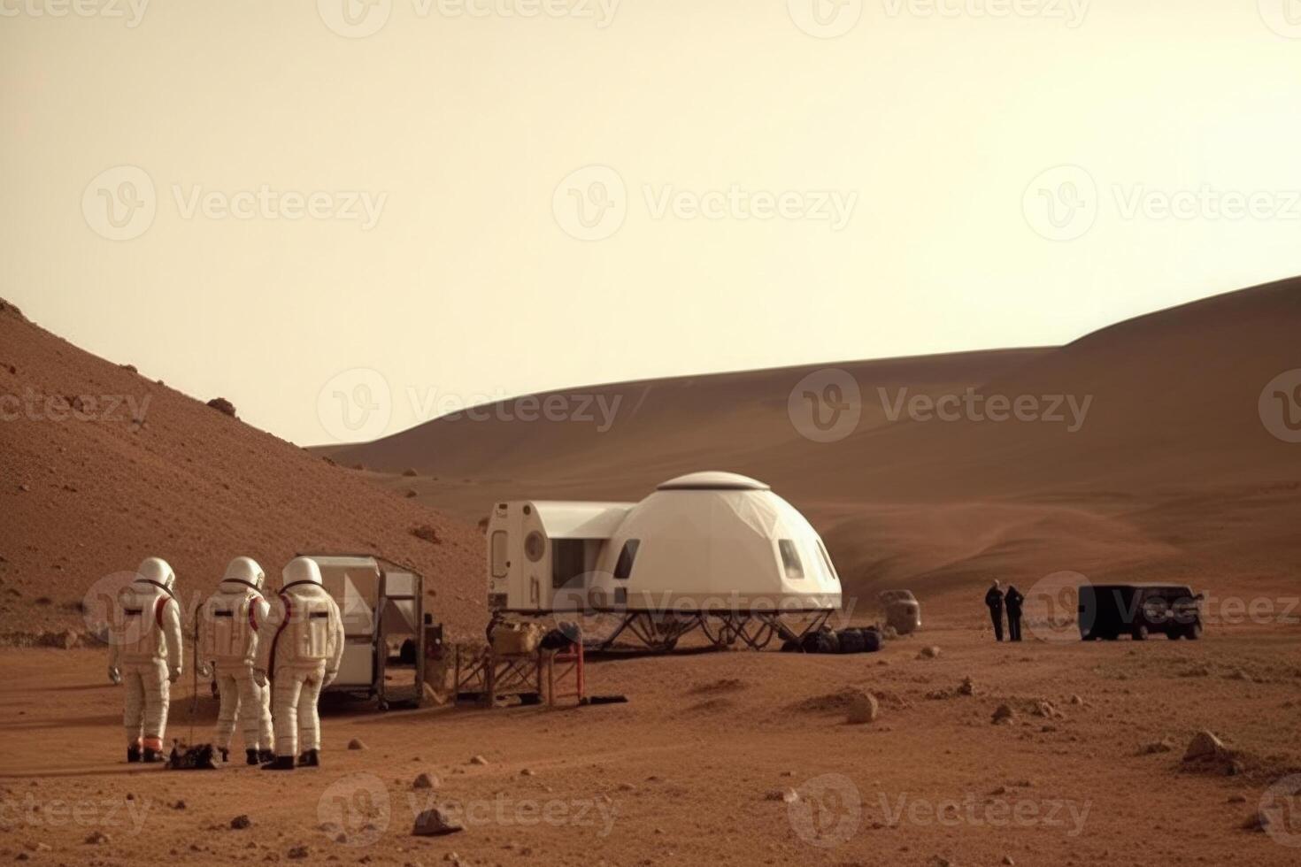 Astronauts wearing space suits walking on red planet. photo