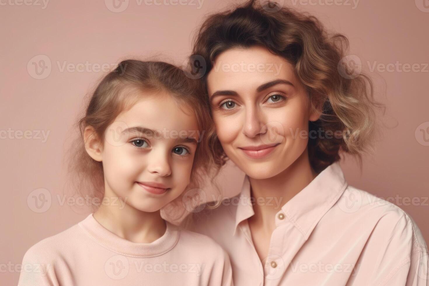 madre y hija retrato en rosado antecedentes. generativo ai foto