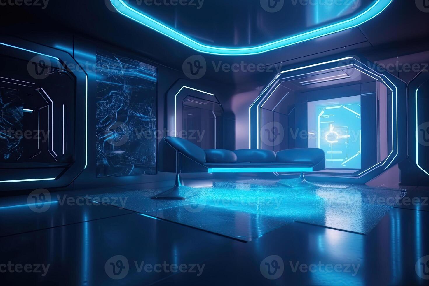 Futuristic room interior with glowing lines. photo