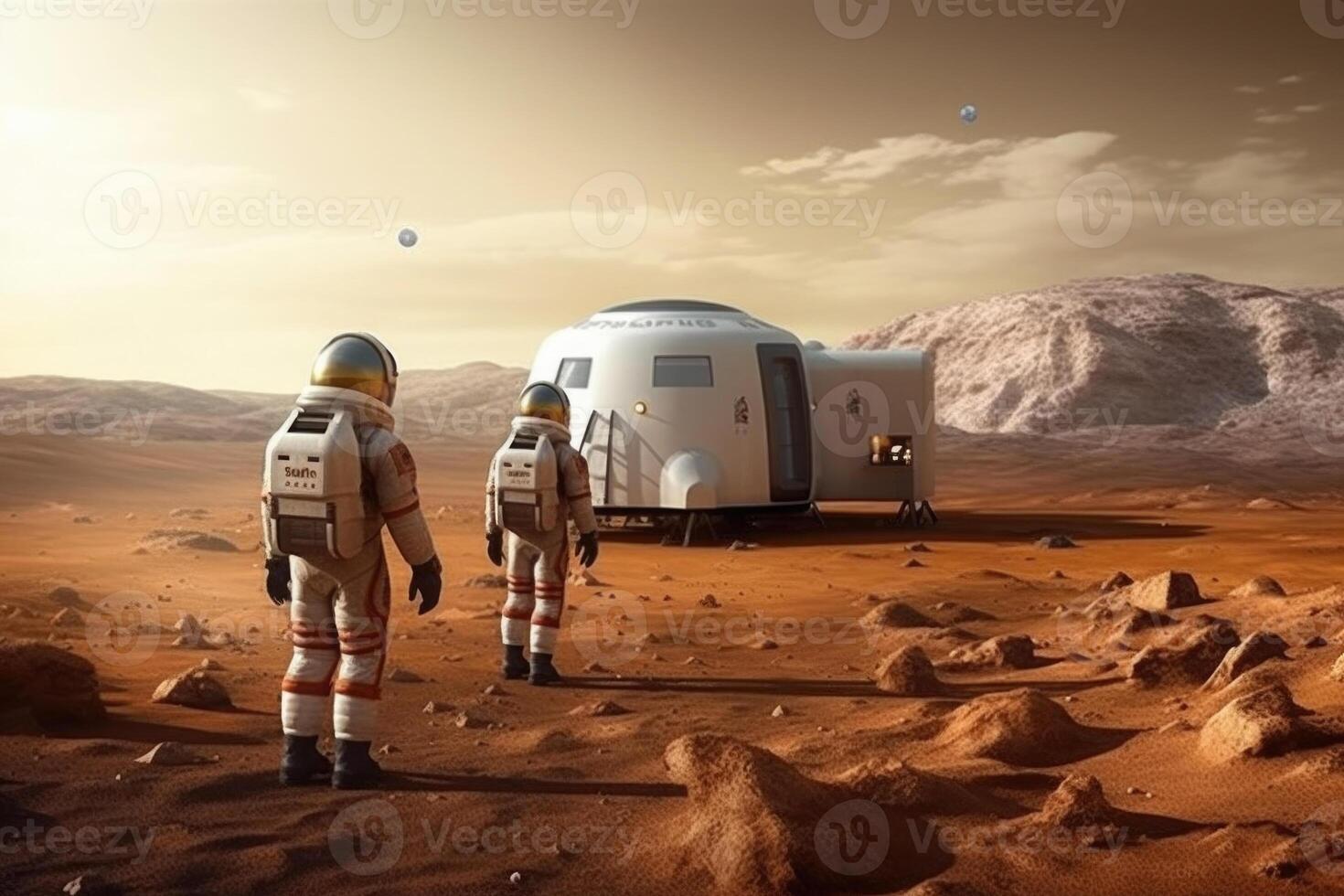 Astronauts wearing space suits walking on red planet. photo