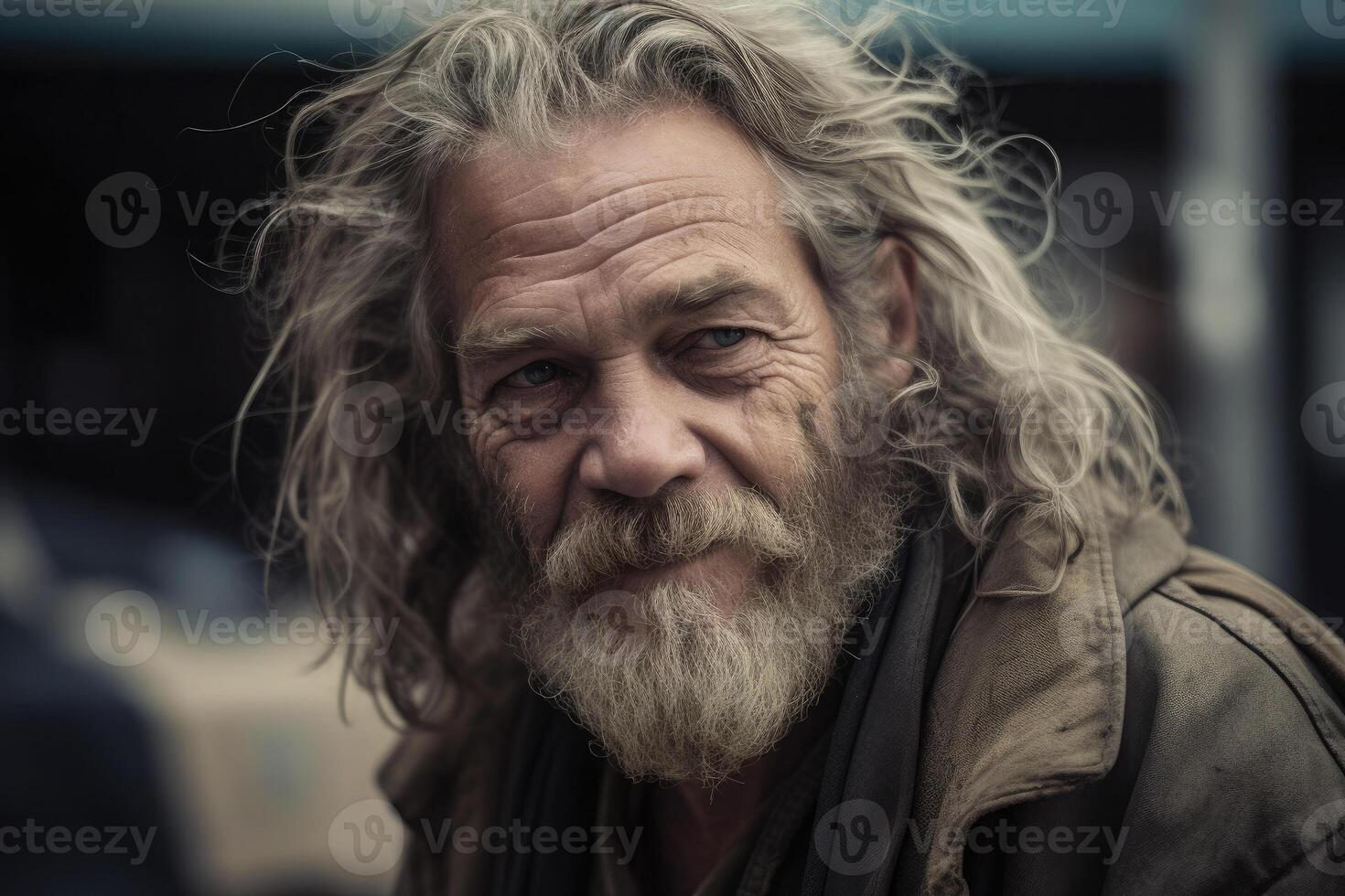 Homeless man portrait. Aged bearded man. photo