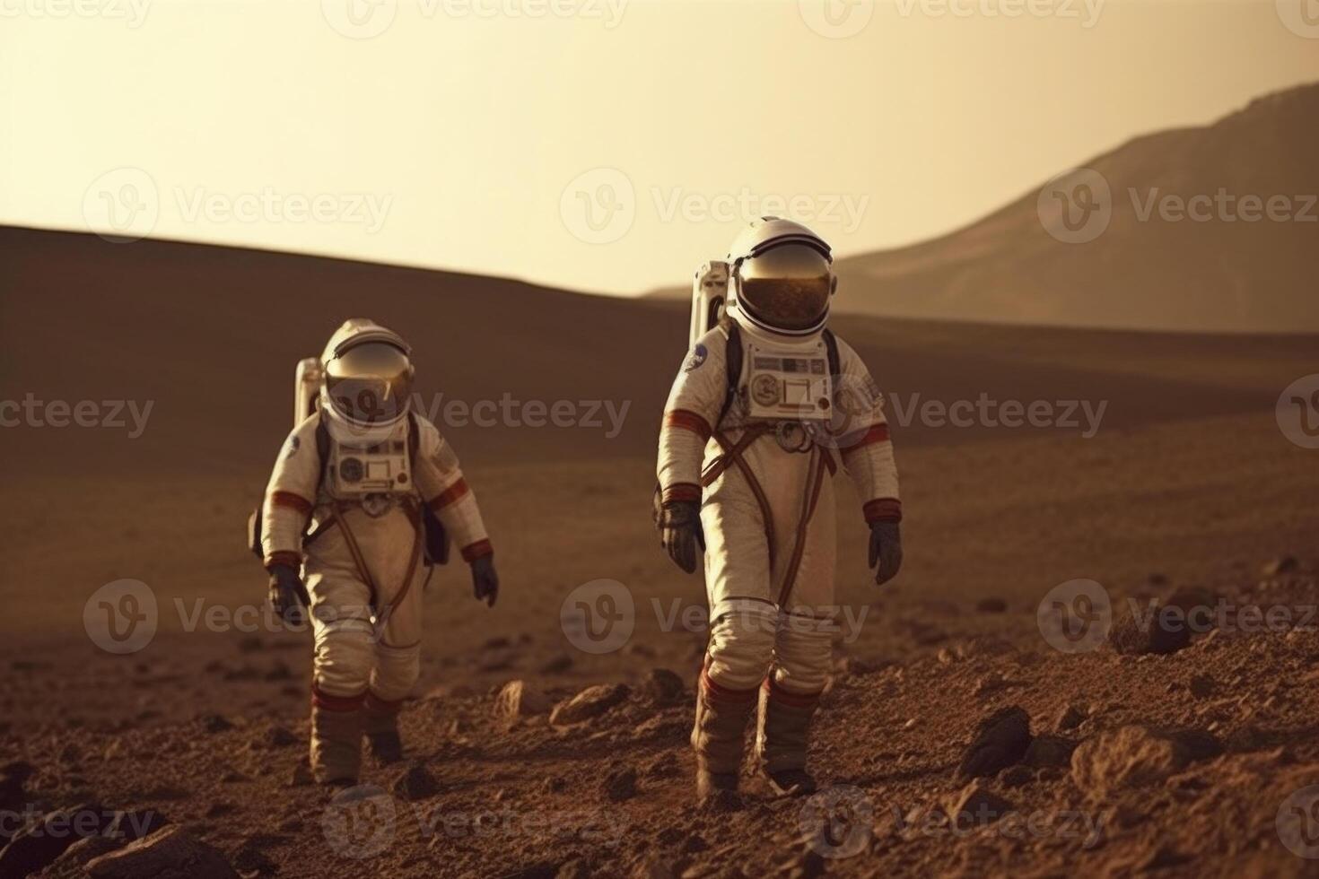 Astronauts wearing space suits walking on red planet. photo
